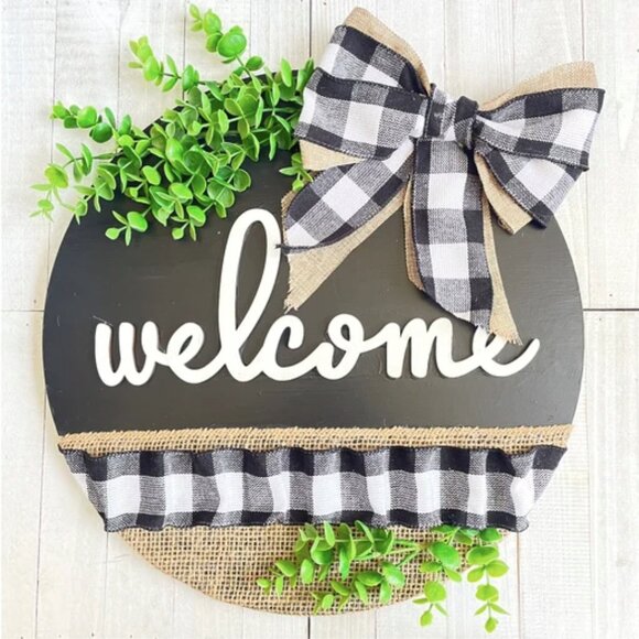 Handmade Hanging Plaid Eucalyptus Farmhouse Circular Welcome Sign for Front Door - Picture 1 of 1